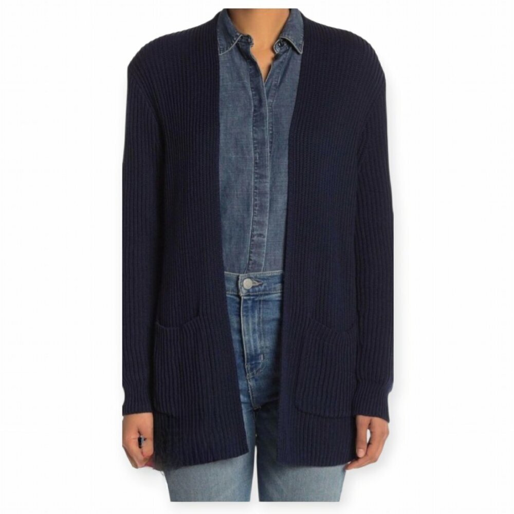 Madewell Nolan Ribbed Cotton Cardigan Navy Blue Open Front Size S Cozy Classic - Picture 2 of 11
